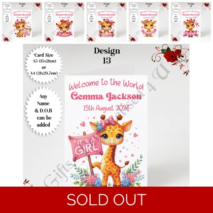 A5 or A4 Personalised Greeting Card - Newborn Baby - Giraffe - Girl - Baby Name & DOB - D.13-18